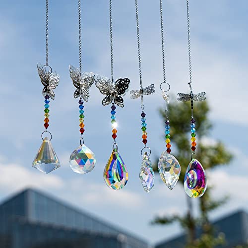 6pcs Crystal Suncatchers with Crystal Prisms Dragonflies and Butterflies Rainbow Maker Chandelier Pendant Garden Hanging Sunlight Catcher Ornament for Home Cars Decoration