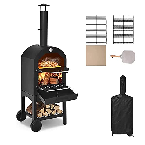 Wood Fired Outdoor Pizza Oven for Outside，Large Pizza Oven with 4 Steel Pizza Grill，Freestanding Steel Oven with 2 Wheels for Kitchen BBQ Backyard Party