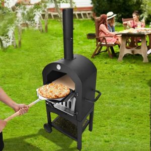 Wood Fired Outdoor Pizza Oven for Outside，Large Pizza Oven with 4 Steel Pizza Grill，Freestanding Steel Oven with 2 Wheels for Kitchen BBQ Backyard Party