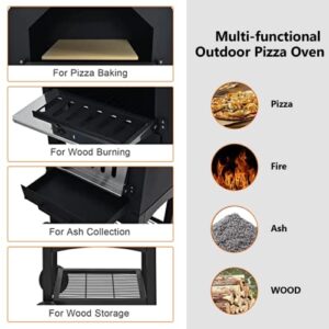 Wood Fired Outdoor Pizza Oven for Outside，Large Pizza Oven with 4 Steel Pizza Grill，Freestanding Steel Oven with 2 Wheels for Kitchen BBQ Backyard Party