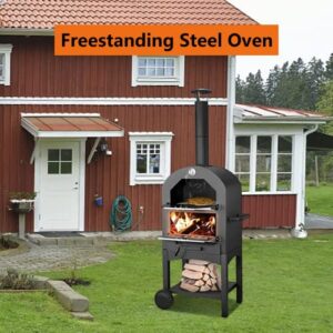 Wood Fired Outdoor Pizza Oven for Outside，Large Pizza Oven with 4 Steel Pizza Grill，Freestanding Steel Oven with 2 Wheels for Kitchen BBQ Backyard Party