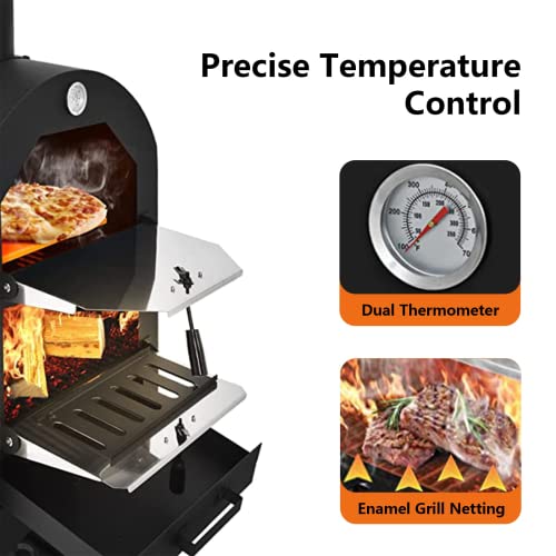 Wood Fired Outdoor Pizza Oven for Outside，Large Pizza Oven with 4 Steel Pizza Grill，Freestanding Steel Oven with 2 Wheels for Kitchen BBQ Backyard Party