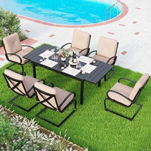 MFSTUDIO 7PCS Outdoor Patio Dining Set, 6 Spring Motion Chairs with Cushion, 1 Rectangular Expandable Table, Porch Lawn Backyard Garden Furniture Sets, Beige