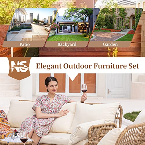 NICESOUL® Natural Color Bohemian Outdoor Patio Furniture Lounge Set with Round Fire Pit Table Handwoven PE Wicker Conversation Sectional Sofa Chair Sets with Ice Bucket Table for Garden Balcony Deck