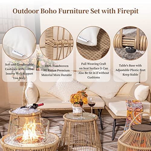 NICESOUL® Natural Color Bohemian Outdoor Patio Furniture Lounge Set with Round Fire Pit Table Handwoven PE Wicker Conversation Sectional Sofa Chair Sets with Ice Bucket Table for Garden Balcony Deck