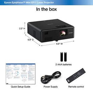 Epson EpiqVision Mini EF11 Laser Projector, 3LCD, Portable, Full HD 1080p, 1000 lumens Color Brightness and White Brightness, Compatible with Roku, FireTV, Chromecast, Playstation, Xbox ()