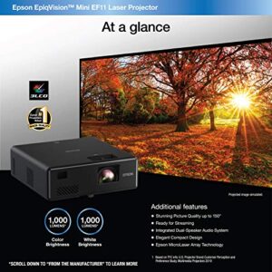 Epson EpiqVision Mini EF11 Laser Projector, 3LCD, Portable, Full HD 1080p, 1000 lumens Color Brightness and White Brightness, Compatible with Roku, FireTV, Chromecast, Playstation, Xbox ()