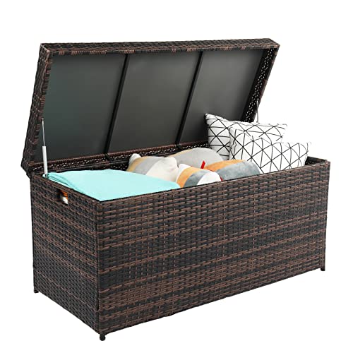 VINGLI Upgraded Version 132 Gallon Outdoor Storage Box, Patio Rattan Deck Box, Wicker Storage Bench for Indoor, Outdoor, Pool, Balcony, Yard, Garden, Brown