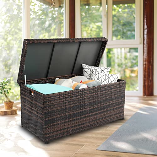 VINGLI Upgraded Version 132 Gallon Outdoor Storage Box, Patio Rattan Deck Box, Wicker Storage Bench for Indoor, Outdoor, Pool, Balcony, Yard, Garden, Brown