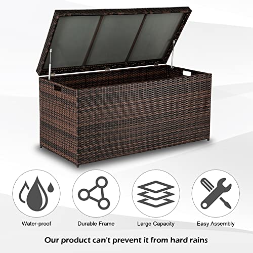 VINGLI Upgraded Version 132 Gallon Outdoor Storage Box, Patio Rattan Deck Box, Wicker Storage Bench for Indoor, Outdoor, Pool, Balcony, Yard, Garden, Brown