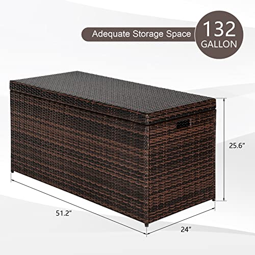 VINGLI Upgraded Version 132 Gallon Outdoor Storage Box, Patio Rattan Deck Box, Wicker Storage Bench for Indoor, Outdoor, Pool, Balcony, Yard, Garden, Brown