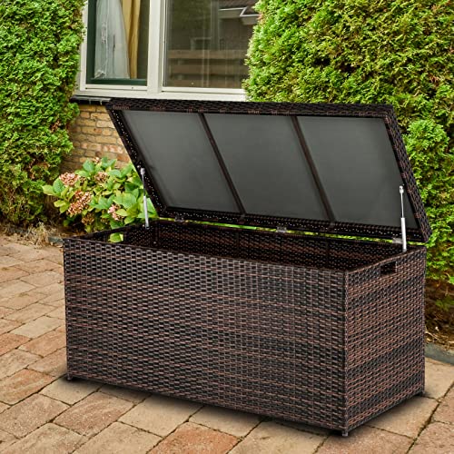 VINGLI Upgraded Version 132 Gallon Outdoor Storage Box, Patio Rattan Deck Box, Wicker Storage Bench for Indoor, Outdoor, Pool, Balcony, Yard, Garden, Brown