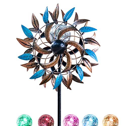 Outdoor Metal Stake Yard Spinners, Solar Wind Spinner, Solar Garden Wind Spinners with Light, Multi Color Changing LED Solar Powered Glass Ball, for Outdoor Yard Lawn & Garden