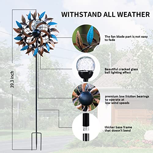 Outdoor Metal Stake Yard Spinners, Solar Wind Spinner, Solar Garden Wind Spinners with Light, Multi Color Changing LED Solar Powered Glass Ball, for Outdoor Yard Lawn & Garden