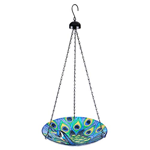 VCUTEKA Bird Bath Hanging for Outdoor Glass Small Bird Feeder Bowl Garden Decoration 11 Inch Peacock (Peacock)