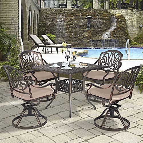 TITIMO 2 Piece Outdoor Bistro Dining Chair Set Cast Aluminum Dining Chairs for Patio Furniture Garden Deck Antique Bronze (Swivel Rocker Chairs with Khaki Cushions)