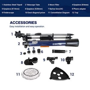 ESSLNB Telescope for Adults 700X70mm with K4/10/20 Eyepieces 525X Telescopes for Kids and Beginners Erect-Image Refractor Telescope with Stainless Steel Tripod Phone Mount and Red Dot Finderscope