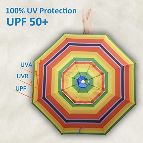 LUHAHALU 7 FT Beach Umbrella, Beach Umbrellas for Sand Heavy Duty Wind Portable, UPF 50+ Sun Shelter with Tilt Sand Anchor and Carry Bag, Sunshade Umbrella for Patio Outdoor Garden (Rainbow)