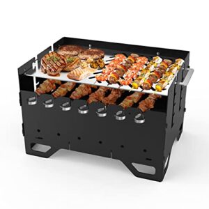 onlyfire chef portable bbq grill, foldable charcoal grill barbecue smoker with 7 pcs stainless steel kebab skewers & bbq griddle for outdoor cooking, camping and picnic