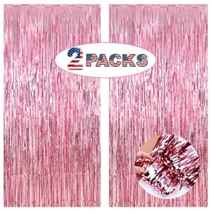 pink fringe backdrop curtain for party decorations – 6.5 x 6.5ft, pack of 2 | lilf pink tinsel backdrop for pink streamers party decor | pink foil curtain for birthday party photobooth props