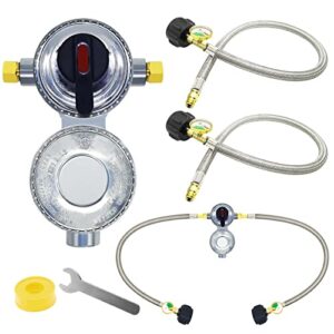 2-Stage Automatic Changeover LP Propane Gas Regulator with Two 18" RV Pigtail Propane Hoses with Gauge, Stainless Braided QCC1 1/4" Inverted Male Flare, Propane LP Gas Regulator for RV Camper Trailer