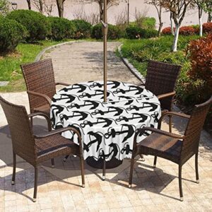 Lirduipu Anchor Pattern Round Outdoor Tablecloth,Outdoor Round Tablecloth with Umbrella Hole - Water Resistant Spillproof,for Patio Garden Tabletop Decor(52" Round,Charcoal Grey and White)