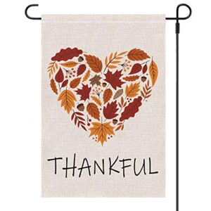 Keniot Thankful Garden Flag Burlap Autumn Leaf Heart Thanksgiving Garden Flag, Double Sided Happy Fall Harvest Rustic Yard Outdoor Decoration, 12.5 x 18.5 inch