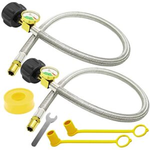 gardennow 2 pcs rv propane hoses with gauge, 24 inch stainless steel braided camper tank hose, rv lp gas hoses connector for standard two-stage regulator, 40lb 250psi, 1/4″ npt /qcc1 fittings