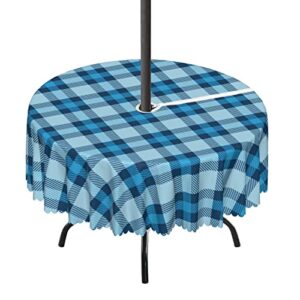 lirduipu checkered pattern round outdoor tablecloth,outdoor and indoor round tablecloth with umbrella hole and zipper,for umbrella table patio garden(52″ round,pale blue blue)
