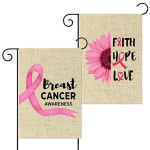 2pcs breast cancer awareness garden flag faith hope love burlap yard sign vertical double sided october month pink ribbon flag courage strength party suuplies for indoor outdoor lawn 12.5×18.1inch
