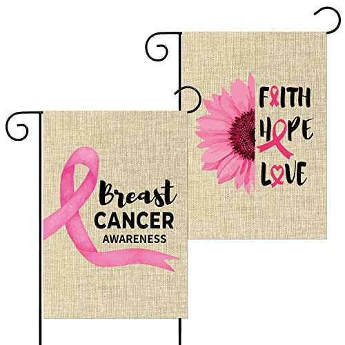 2Pcs Breast Cancer Awareness Garden Flag Faith Hope Love Burlap Yard Sign Vertical Double Sided October Month Pink Ribbon Flag Courage Strength Party Suuplies for Indoor Outdoor Lawn 12.5x18.1inch