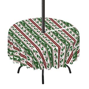christmas pattern round outdoor tablecloth,round tablecloth with umbrella hole and zipper for patio garden,waterproof spill-proof,for umbrella table patio garden(52″ round,dark green burgundy white)