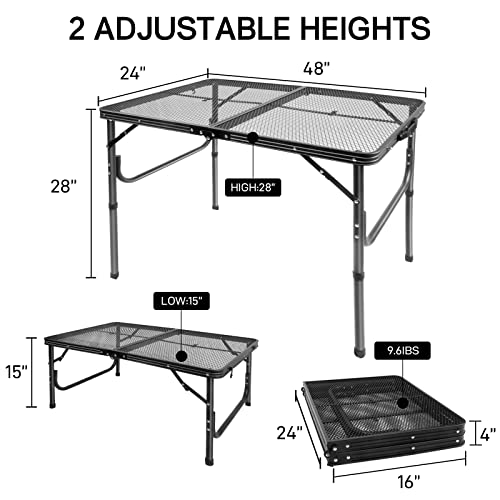 YDY+YQY Folding Metal Grill Table Portable Camping Aluminum Table with Mesh Desktop, Anti-Slip Feet, Height Adjustable, Lightweight Outdoor Table for Garden RV Picnic BBQ Cooking