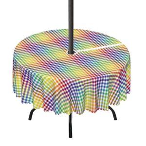 lirduipu checkered pattern round outdoor tablecloth,outdoor round tablecloth with umbrella hole – water resistant spillproof,for patio garden tabletop decor(52″ round,multicolor)