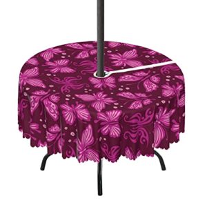 butterfly pattern round outdoor tablecloth,round tablecloth with umbrella hole and zipper for patio garden,waterproof spill-proof,for umbrella table patio garden(52″ round,magenta baby pink maroon)