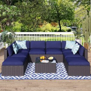 mfstudio 9 piece patio furniture set,outdoor sectional sofa conversation set with upgrade brown rattan wicker,blue removable cushion&coffee table,low back design