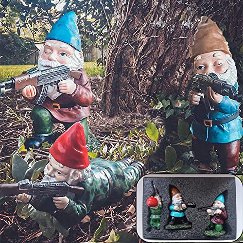 GAZETSZ Garden Gnomes, Gnome Statues, Military Gnome with Gun, Funny Army Gnomes Decorations for Yard, Indoor Outdoor Halloween Christmas Thanksgiving Gifts (Red+Yellow+Blue)