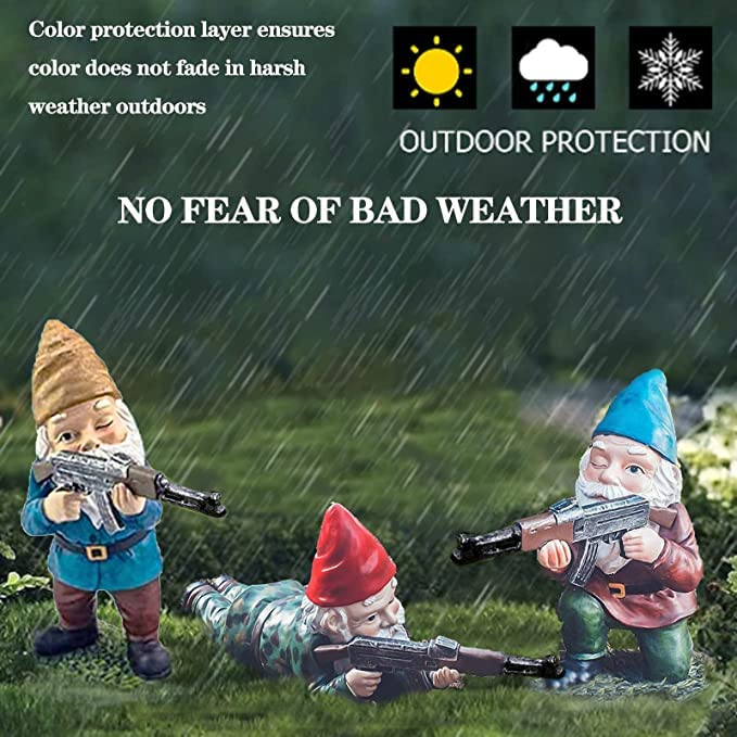 GAZETSZ Garden Gnomes, Gnome Statues, Military Gnome with Gun, Funny Army Gnomes Decorations for Yard, Indoor Outdoor Halloween Christmas Thanksgiving Gifts (Red+Yellow+Blue)