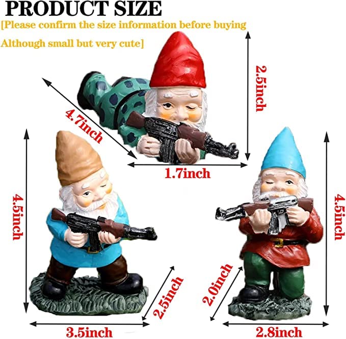 GAZETSZ Garden Gnomes, Gnome Statues, Military Gnome with Gun, Funny Army Gnomes Decorations for Yard, Indoor Outdoor Halloween Christmas Thanksgiving Gifts (Red+Yellow+Blue)