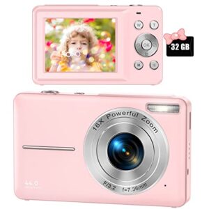 digital camera, fhd 1080p digital camera for kids with 32gb sd card 16x digital zoom, compact camera point and shoot digital cameras portable mini camera for teens students boys girls seniors(pink)