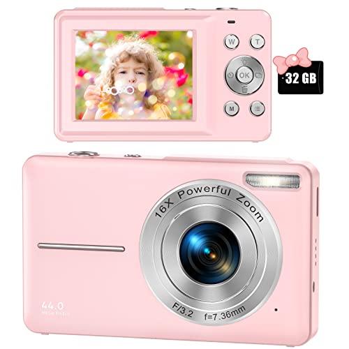 Digital Camera, FHD 1080P Digital Camera for Kids with 32GB SD Card 16X Digital Zoom, Compact Camera Point and Shoot Digital Cameras Portable Mini Camera for Teens Students Boys Girls Seniors(Pink)