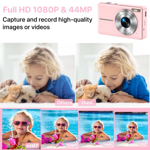 Digital Camera, FHD 1080P Digital Camera for Kids with 32GB SD Card 16X Digital Zoom, Compact Camera Point and Shoot Digital Cameras Portable Mini Camera for Teens Students Boys Girls Seniors(Pink)