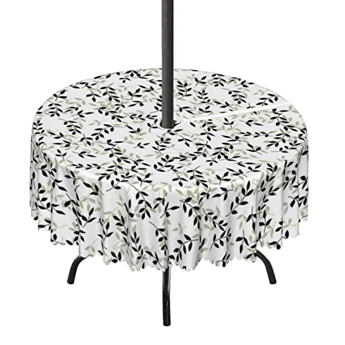 Lirduipu Botanical Pattern Round Outdoor Tablecloth,Outdoor Round Tablecloth with Umbrella Hole - Water Resistant Spillproof,for Party Patio Garden Tabletop Decor(52" Round,White Pale Khaki)