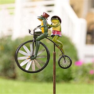 frogs on a vintage bicycle metal wind spinner, 3d metal wind spinner with standing vintage bicycle, frog ornament wind spinner pole garden yard lawn windmill decoration