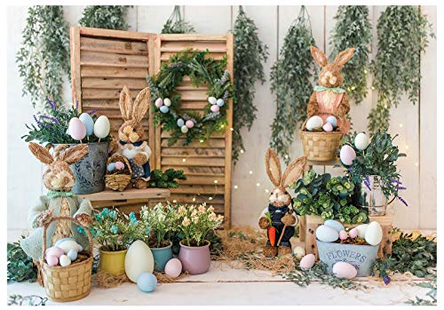 Funnytree 7x5ft Happy Easter Photography Backdrop Spring Rustic Wooden Wall Colorful Eggs Rabbit Background Baby Shower Kids Birthday Party Decor Portrait Banner Photo Booth Studio Props Mini Session