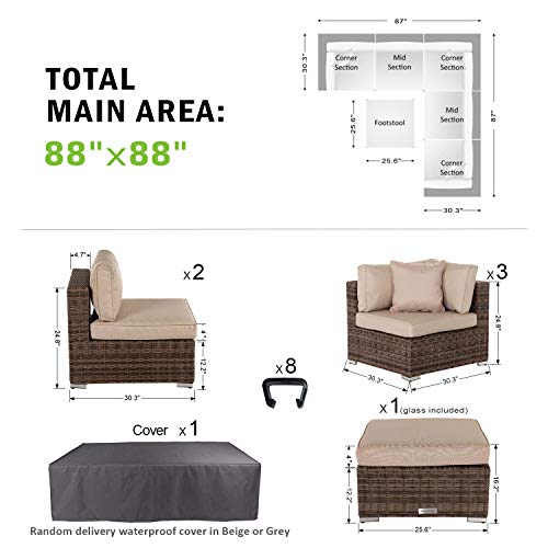 SUSIE'S GARDEN Wicker Patio Furniture Conversation Set No Assembly Outdoor Sectional Sofa Aluminum Brown Couch Modern Deck Rattan Furniture (6pcs Conversation Set)