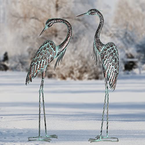 Kircust Garden Crane Statues, Standing Metal Patina Heron Decoy Outdoor Statue, 42-46 Inch Bird Yard Art for Patio Lawn Pond, Set of 2