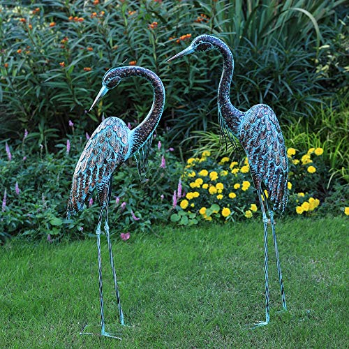 Kircust Garden Crane Statues, Standing Metal Patina Heron Decoy Outdoor Statue, 42-46 Inch Bird Yard Art for Patio Lawn Pond, Set of 2