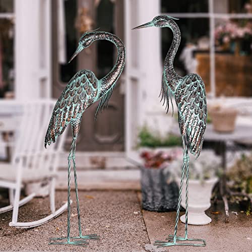 Kircust Garden Crane Statues, Standing Metal Patina Heron Decoy Outdoor Statue, 42-46 Inch Bird Yard Art for Patio Lawn Pond, Set of 2