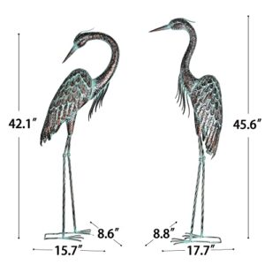 Kircust Garden Crane Statues, Standing Metal Patina Heron Decoy Outdoor Statue, 42-46 Inch Bird Yard Art for Patio Lawn Pond, Set of 2